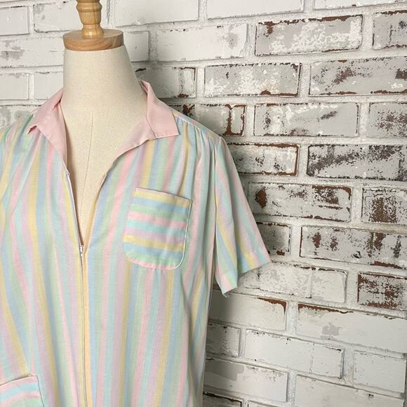 Vintage 70s 80s Nancy Frock Pastel Multi Color Stripe Short Sleeve Sleep Gown - Picture 2 of 9